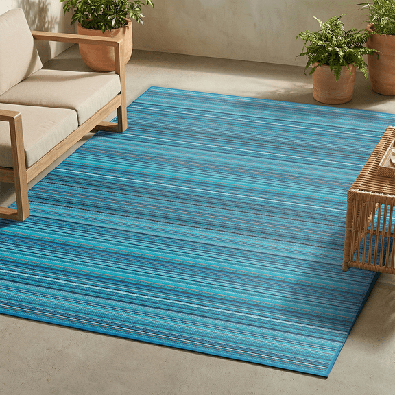 FH Home Outdoor Camping Rug - Waterproof, Fade Resistant, Reversible - Premium Recycled Plastic - Striped - Large Patio, Deck, Sunroom, RV, Camping - Havana - Turquoise - 9 x 12 ft Foldable