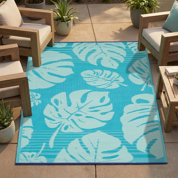 FH Home Outdoor Rug - Waterproof, Fade Resistant, Reversible - Premium Recycled Plastic - Tropical, Botanical - Patio, Deck, Porch, Balcony - Hana Leaves - Blue - 5 x 8 ft