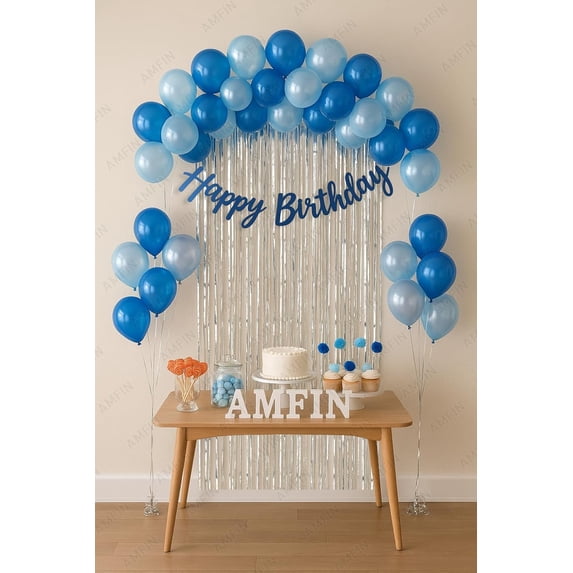 FH (Pack of 34) Backdrop Bliss Birthday Decoration DIY Kit with Balloons, Fringe Curtain and Banner - Light Blue, Silver & Dark Blue