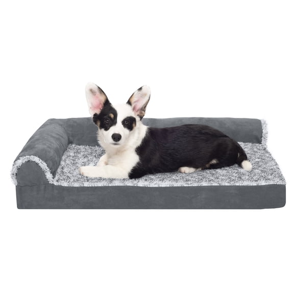 FH Two-Tone Plush Faux Fur & Suede L Shaped Chaise-MD-Stone Gray