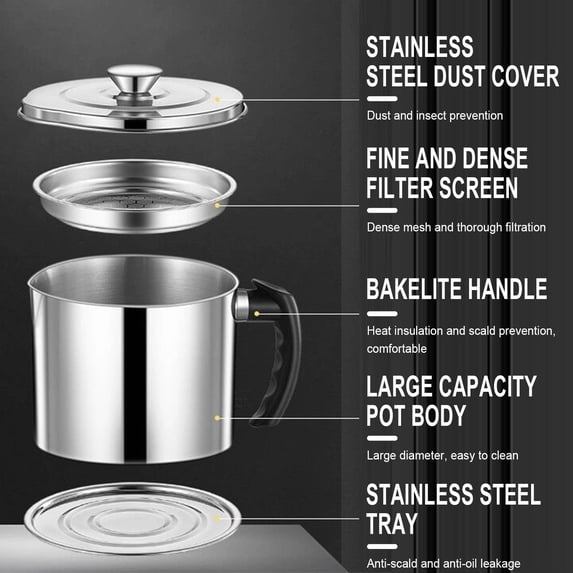 FHBVT 1.8L Stainless Steel Oil Pot with Filter, Large-Capacity Oil Storage Tank, Leak-Proof Spout, Multi-Purpose Oil Recycling Pot for Household Use, Easy to Clean and Hygienic