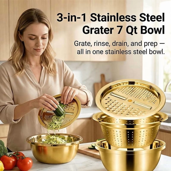 FHBVT 3 in 1 Multifunctional Stainless Steel Basin Colander Bowl with Grater Strainer 4 Interchangeable Blades Stackable Dishwasher for Kitchen Vegetable Chopping Shredding Draining Food Prep Tool