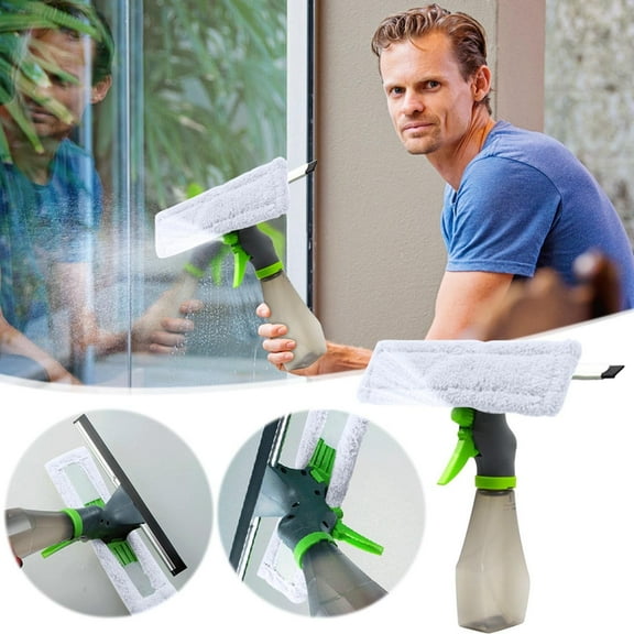 FHBVT 3 In 1 Window Cleaner Spray Bottle with Microfiber Cloth Pad and Squeegee Kit Large Capacity Spray Scraper Glass Cleaning Tool for Home Office Car Kitchen Easy Spray Wipe and Streak Free Clean