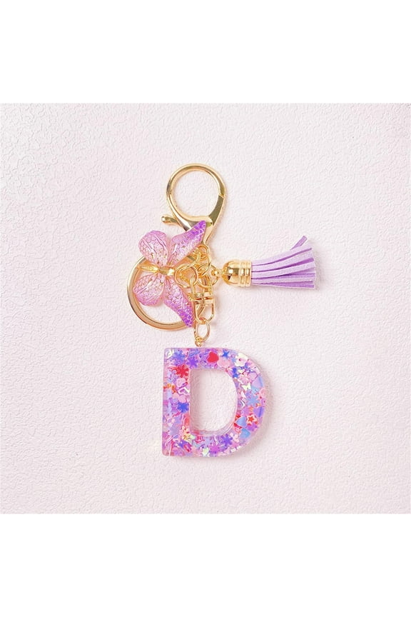 3.9x1.5In Purple Tassel Initial Letter Keychain Epoxy Resin with Sequins Rose Alloy Electroplated Ring Cute Fashion for Women Car Key Wallet Backpack Bag Decor Gift Accessory