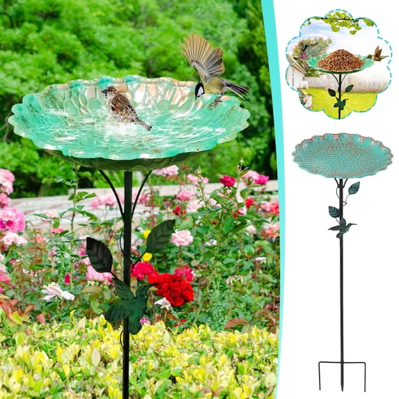 FHBVT 32.3In Metal Bird Bath for Garden Iron Sturdy Construction Weather-Resistant 3-Section Adjustable Rod Leaf Ornament Diameter Dual-Use Feed & Water for Wild Bird Garden Yard Outdoor Bird Bath
