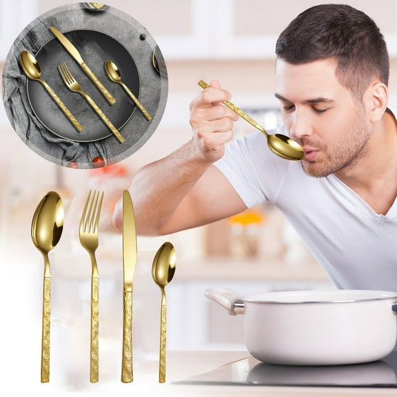 FHBVT 4-Piece Stainless Steel Western Tableware Set Gold/Silver Stone Grain Handle Knife Fork Spoon Food-Grade Rust-Proof Easy to Clean Elegant for Restaurant Dinners Gifts Quality Dining Experience