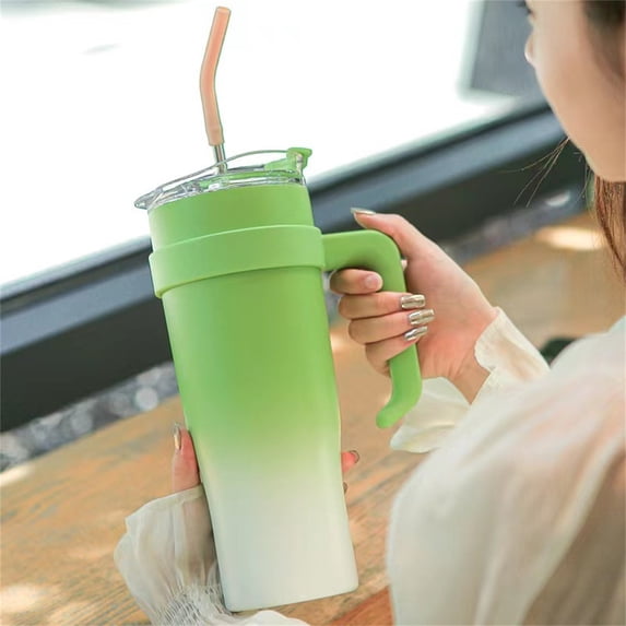 FHBVT 40oz Stainless Steel Insulated Cup Vacuum Cold Retention Leak-Proof Flip Lid with Straw Non-Slip Bottom Handle Design Car Mounted Water Bottle for Family Travel Sports Fitness Office Business