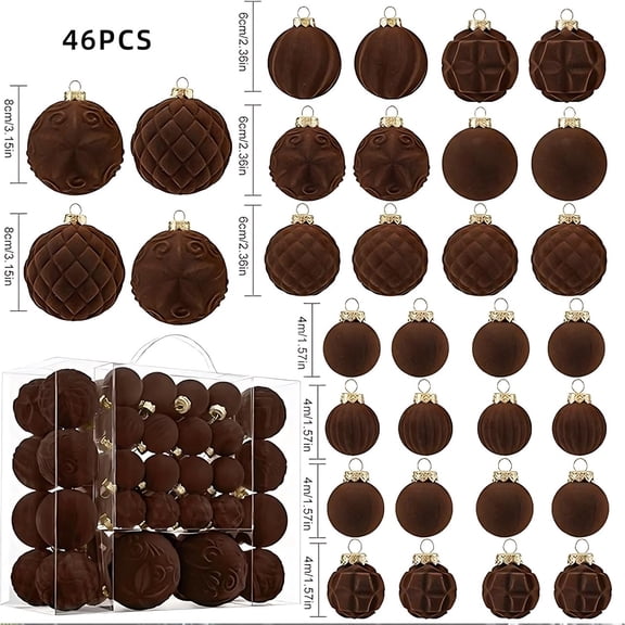 FHBVT 46pcs Velvet Christmas Balls 2 Inches, Flocked Plastic Tree Hanging Ornaments Brown Classic Matte Glossy Xmas Ball Set For Holiday Home Indoor Outdoor Decoration Party Supplies Christmas Tree