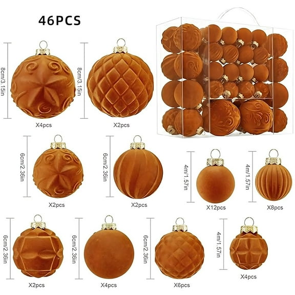 FHBVT 46pcs Velvet Christmas Balls 2 Inches, Flocked Plastic Tree Hanging Ornaments Brown Classic Matte Glossy Xmas Ball Set For Holiday Home Indoor Outdoor Decoration Party Supplies Christmas Tree