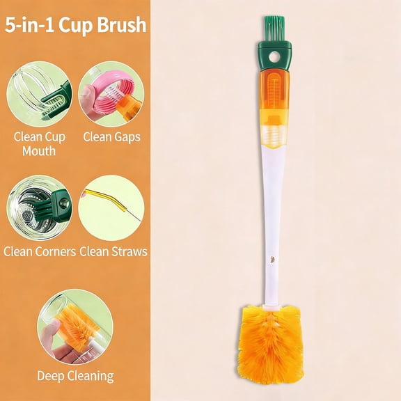 FHBVT 5-In-1 Multifunctional Long Handle Cup Brush Deep Clean No Dead Corners for Insulated Cup Lids Straws Milk Bottles Soft Bristles Safe for Baby Bottles Portable Hanging Household Cleaning Supply