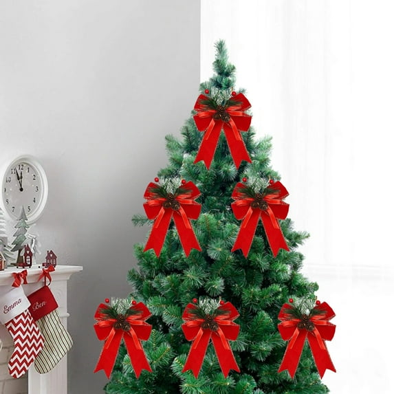 FHBVT 6 Pack Plaid Bow Christmas Ornaments Velvet Ribbon Bows With Cones Red Black Holiday Decoration For Tree Window Door Home DIY Seasonal Party Decor