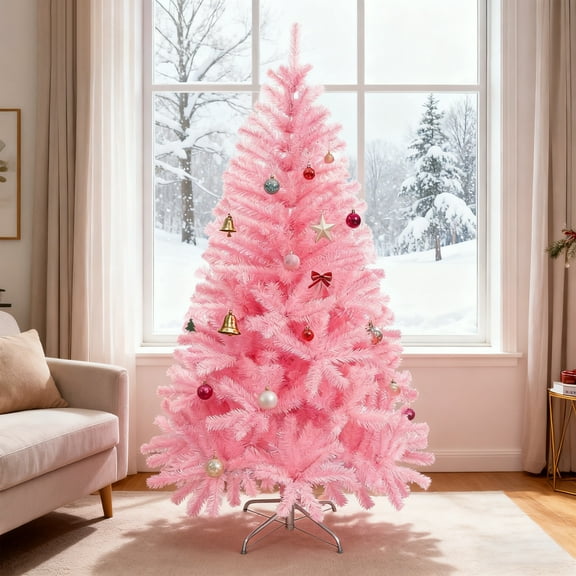 FHBVT 7ft Pink Artificial Christmas Tree Unlit Pre Hinged Spruce Full Tree Foldable Metal Stand Realistic PVC Needles Full Bodied Xmas Tree for Indoor Office Home Party Christmas Winter Holiday Decor
