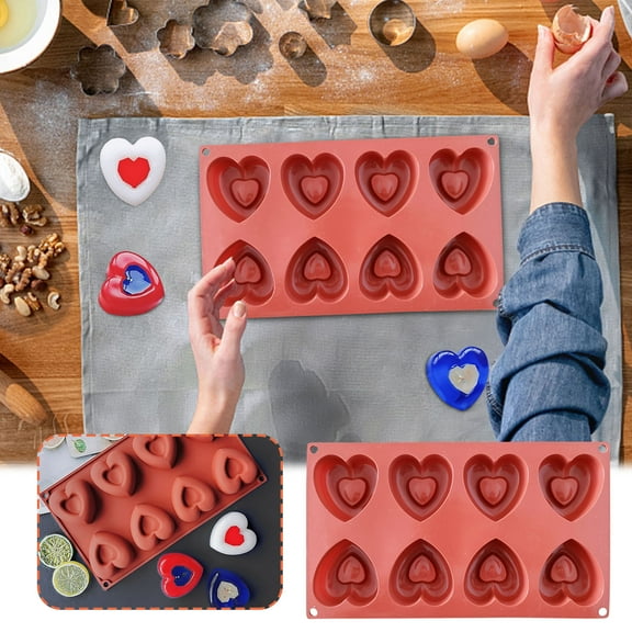 FHBVT 8 Cavity Heart Shape Cake Baking Mold 11.5In Food Grade Non Stick Flexible Easy Clean for Home Kitchen DIY Wedding Birthday Cake Fondant Chocolate Decoration Party Favors Decor