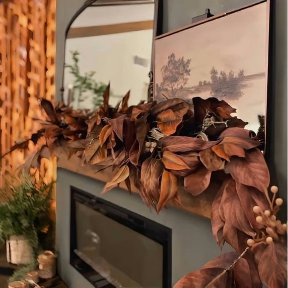 FHBVT Brown Magnolia Leaf Garland, Realistic Faux Fall Decoration, 6 Feet of Magnificent Autumn Leaves for Indoor & Outdoor Holiday Decor, Wedding & Home Accents