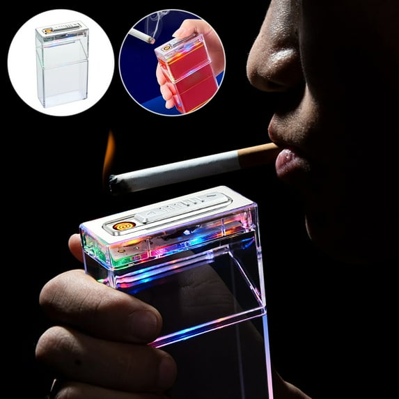 FHBVT Cigarette Case Lighter USB Rechargeable Transparent Light Box with Tungsten Ignition Windproof Flame LED Mood Light Portable Electric Smoking Case for Men Women Gift Outdoor Travel Party Use
