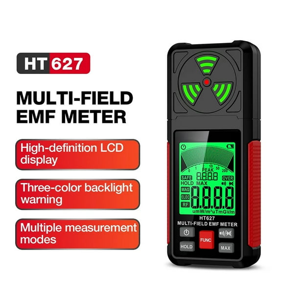 FHBVT HT627 3-in-1 EMF Meter Electromagnetic Field Radiation Detector EF RF MF Testing Backlit LCD Display Peak Data Hold Real-Time Monitoring Tool for Home Office Appliance WiFi EMF Inspection