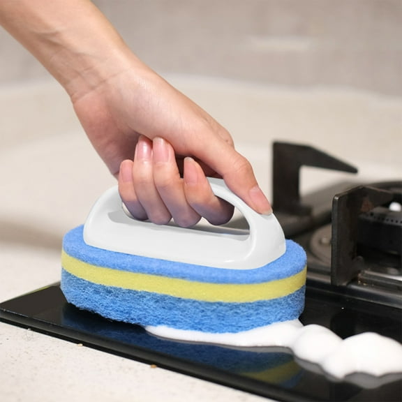 FHBVT Handle Cleaning Brush Multifunctional Bathroom Kitchen Stain Removal Sponge Scrub Ergonomic Grip Tough Stain Scrubber for Bathtub Sink Tiles Countertops Household Use