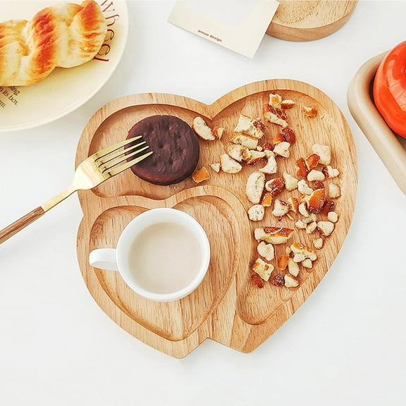 FHBVT Heart Shaped Solid Wood Tray,Partitioned Double Fruit Tray for Valentine's Day,Elegant Wooden Serving Tray for Snacks Desserts Romantic Meals,Ideal for Weddings Anniversaries Special Occasions