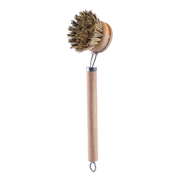 FHBVT Long Handle Pot Brush with Replaceable Brush Head – Natural Soft Horsehair, Sisal, Coconut Palm Cleaning Brush for Pots, Dishes, Kitchen, Solid Wood Handle, Eco-Friendly, Hygienic Durable