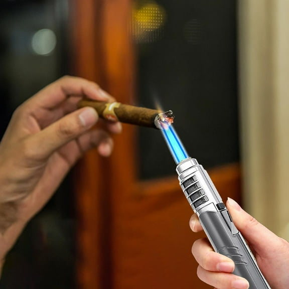 FHBVT Metal Inflatable Direct Punch High Temperature Lighter 1300 Degree Blue Flame 360°Use Flame Adjustment Safety Lock Fire Lighter For Barbecue Grill Camping Kitchen Cooking Candle Lighting Tool