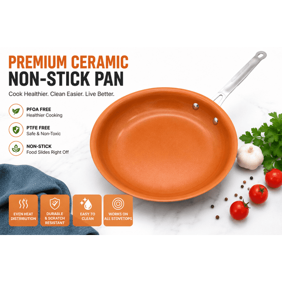 Non-Stick Copper Frying Pan,Ceramic Coating Induction-Compatible Oven Safe Easy Clean Ideal Kitchen Utensil for Cooking Eggs Meat and More