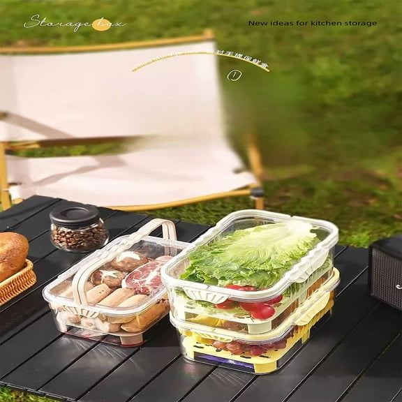 FHBVT Portable Picnic Box Outdoor Food Container Fresh Keeping Box Double Layer Divider Storage For Travel Picnic Camping Lunch Work Meal Prep With Handle Holiday Food Carrier Durable Storage Box