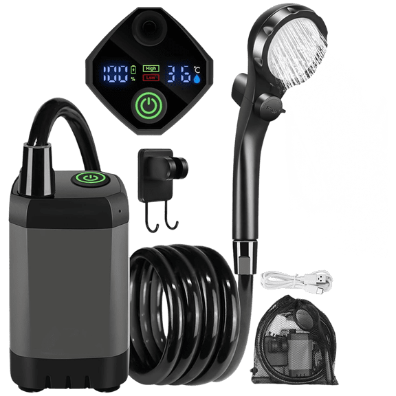 FHBVT Portable Rechargeable Camping Shower Pump 6000mAh IPX7 Waterproof LED Display Adjustable Water Flow Filter Shower Head for Outdoor Camping Hiking Beach Travel Pet Cleaning Bath Gear