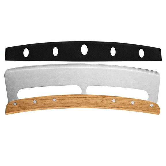 FHBVT Two-Handle Pizza Cutter with Wooden Handle, Stainless Steel Rocking Knife for Smooth and Precise Pizza Cutting, Multi-Function Slicer for Pizza, Pies, Cakes, Brownies, and More
