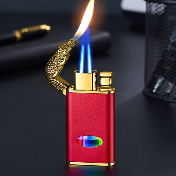 FHBVT Windproof Double Flame Lighter Adjustable Flame Transparent Gas Chamber LED Light Butane Lighter for Cigarette Cigar Ignition Mens Smoking Accessory Daily Use Unique Collection Gift Lighter