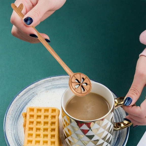 FHBVT Wooden Coffee Mixing Spoon, Long Handle Stirring Spoon, Lemon Leaf Design for Coffee, Tea, and Other Beverages, Eco-Friendly Kitchen Utensil for Daily Use and Gifting