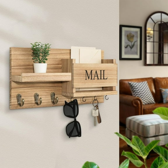 FHBVT Wooden Wall Mounted Coat Rack Key Organizer Multi Compartment Storage Space Saving Decorative Display for Home Entryway Living Room Mail Newspaper Sunglasses Small Items Hanging Storage Shelf