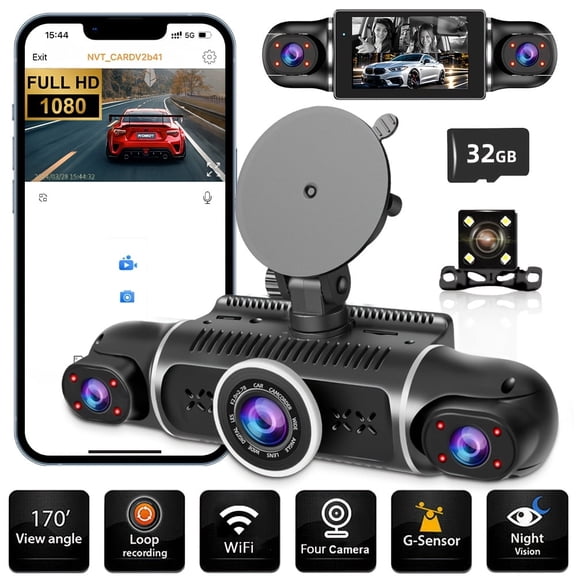 4-Channel 1080P Dash Cam with 32GB Card, 360° View Car Camera Built-in WiFi & IR Night Vision, 3.0" IPS Screen Smart Driving Recorder, 24H Parking Monitor, Loop Recording for Cars/Trucks (12-24V)