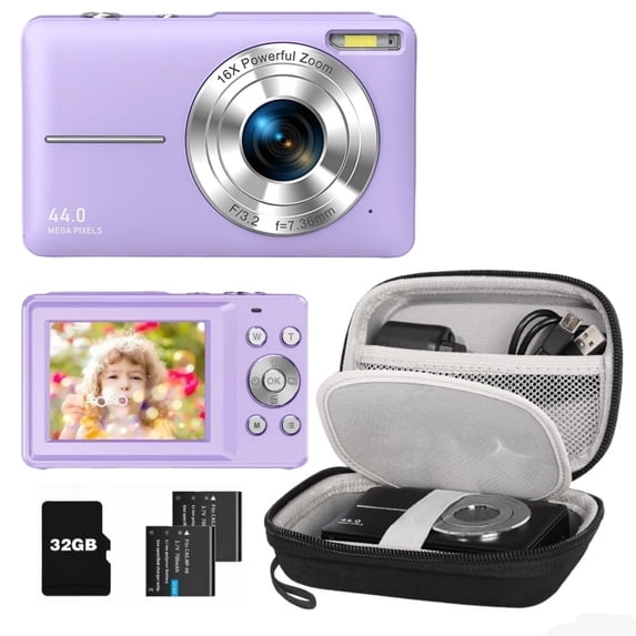 FHD 1080P 44MP Digital Camera Bundle with Case - 2 Batteries, 32GB SD Card, Compact Point & Shoot for Beginners (Purple)