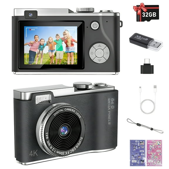 MHCABSR Kids Digital Camera, 48MP Mirrorless CCD, Flash Light, Digital Zoom, Includes 32GB Card & Reader