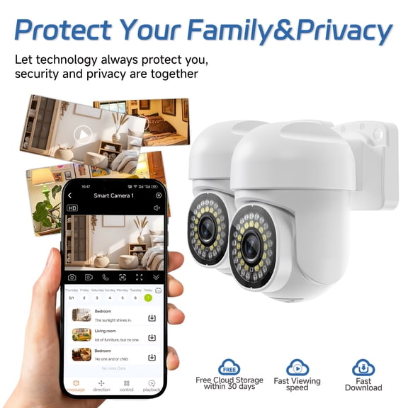 FHD Dome Security Camera, 360° Auto Tracking, Color Night Vision, Two-Way Audio, SD/Cloud Storage, Smart Alarm, Indoor Home Office Pet Monitor (1-2 Pack)