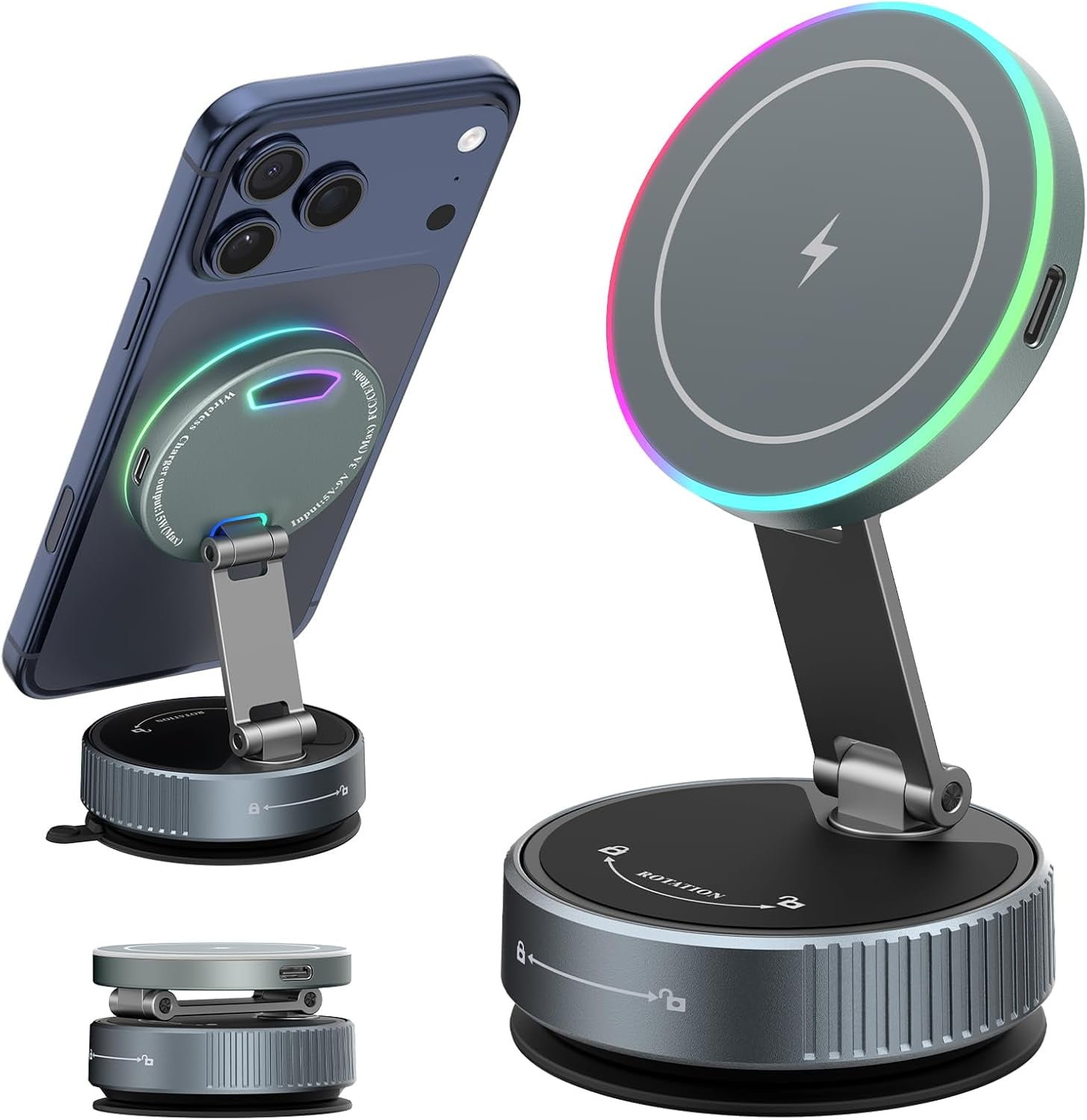 FHDFHD for MagSafe Car Mount Charger, 15W Wireless Charger Stand with Vacuum Suction Cup, Magnetic Phone Holder for Car, for iPhone 17 Pro Max 16-12 & Android, 360°Adjustable & Foldable Phone Stand