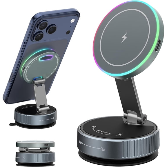 FHDFHD for MagSafe Car Mount Charger, 15W Wireless Charger Stand with Vacuum Suction Cup, Magnetic Phone Holder for Car, for iPhone 17 Pro Max 16-12 & Android, 360Adjustable & Foldable Phone Stand