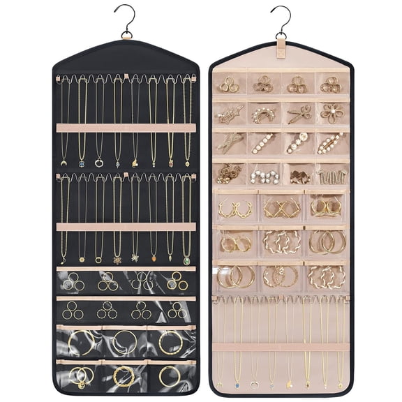 FHDUSRYO Hanging Jewelry Organizer with Hanger Metal Hooks Double-Sided Jewelry Holder for Organizing Earrings Necklaces Rings Perfect for in Hanging Closet, Wall, Door, 1 Piece, Large, Black