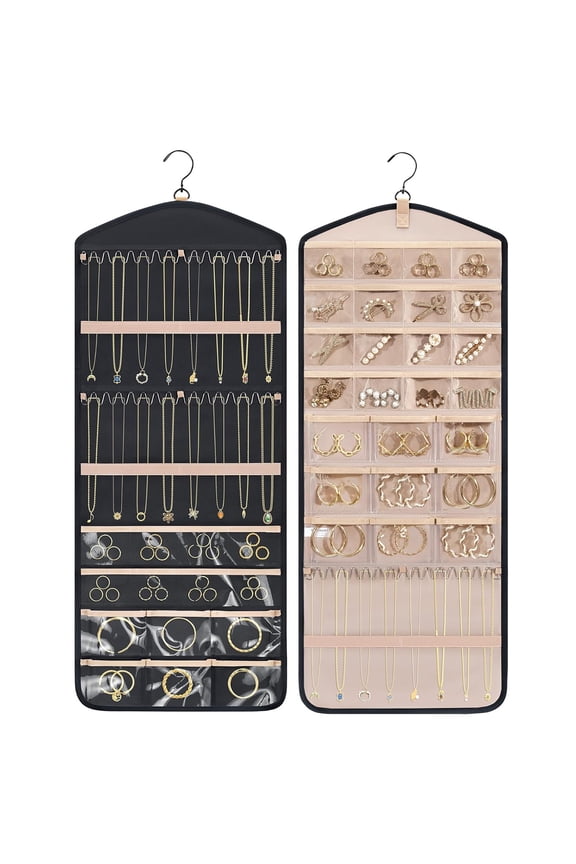 Hanging Jewelry Organizer with Hanger Metal Hooks Double-Sided Jewelry Holder for Organizing Earrings Necklaces Rings Perfect for in Hanging Closet, Wall, Door, 1 Piece, Large, Black