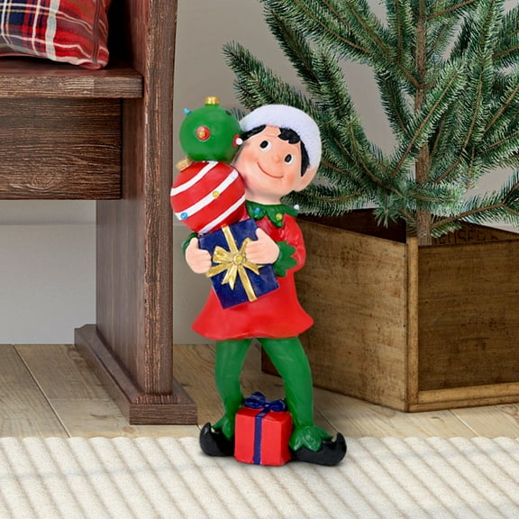 Fraser Hill Farm 30-inch Elf Figurine Holding Presents with Built-in Multicolor LED Lights, FFMG030-1ELF-MLT