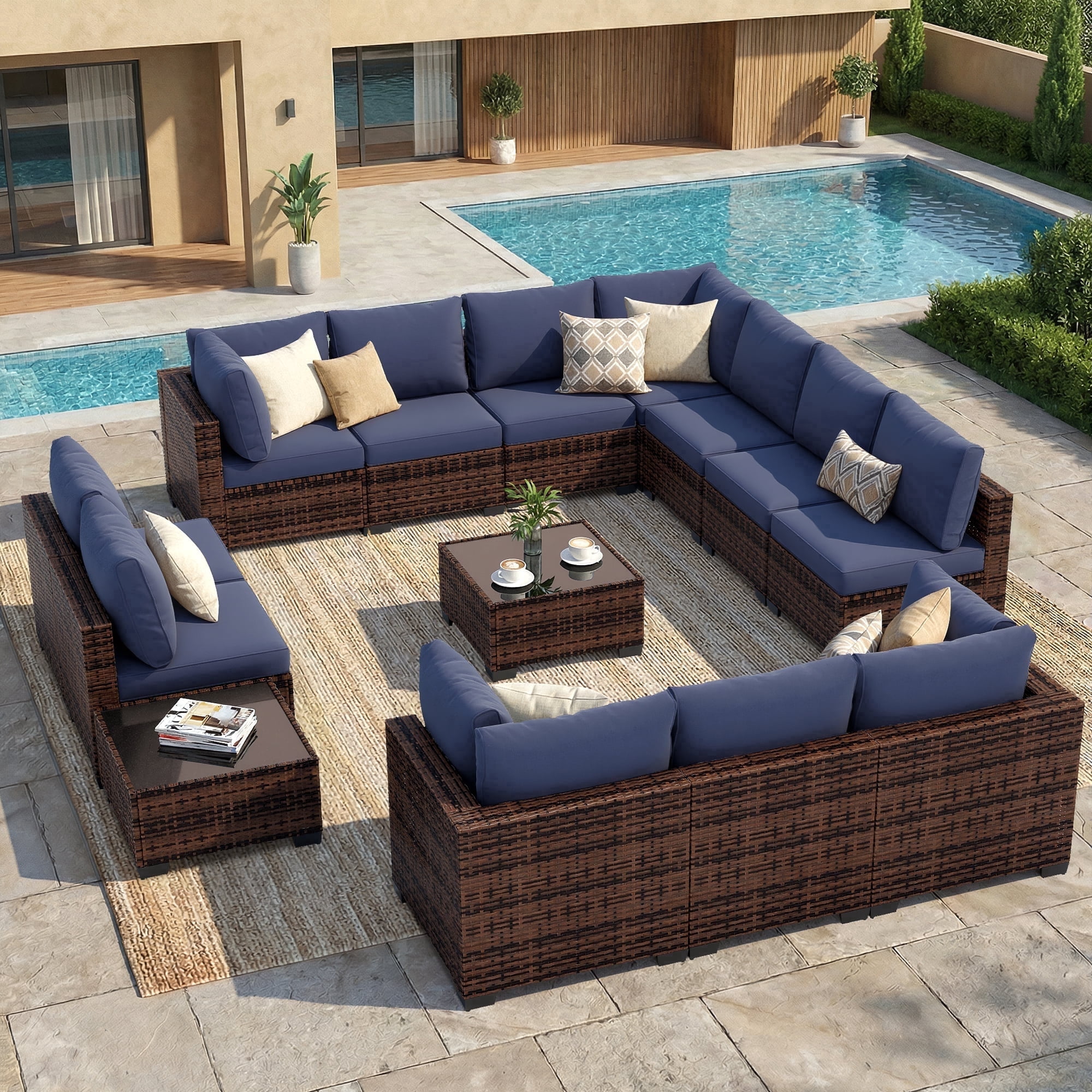 FHFO 14-Piece Patio Furniture Set, Wicker Outdoor Conversation Sectional Sofa with 2 Coffee Tables, for Backyard, Poolside & Garden, Brown&Blue