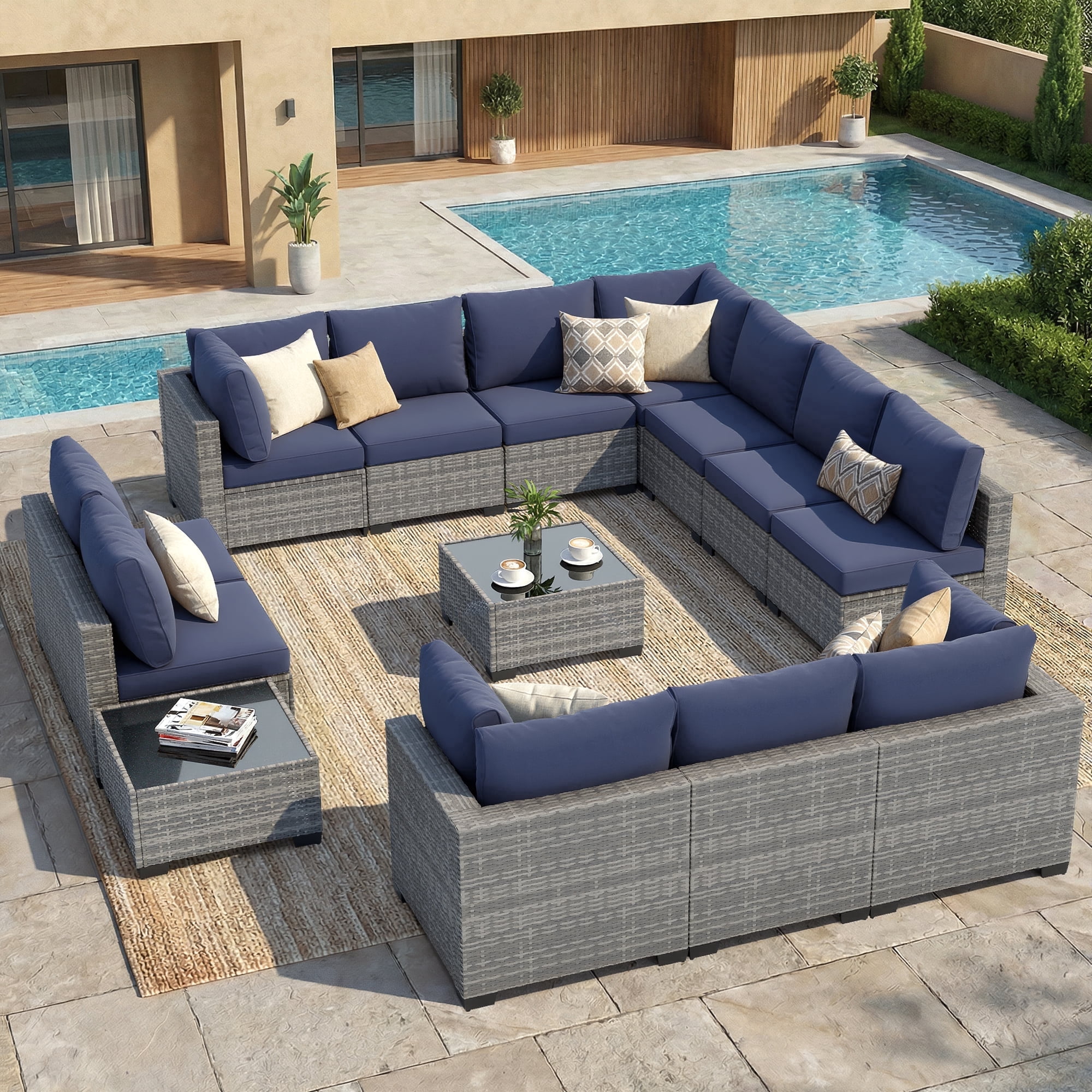FHFO 14-Piece Patio Furniture Set,Wicker Outdoor Conversation Sectional Sofa with 2 Coffee Tables, for Backyard, Poolside & Garden, Gray&Blue