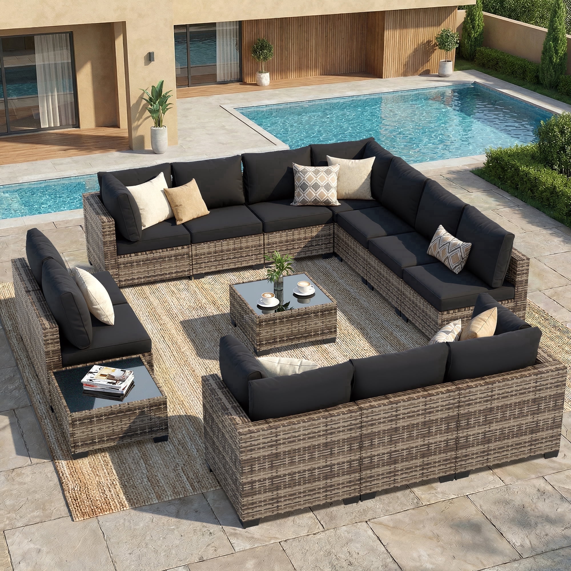 FHFO 14-Piece Patio Furniture Set,Wicker Outdoor Conversation Sectional Sofa with 2 Coffee Tables, for Backyard, Poolside & Garden, Yellow&Black