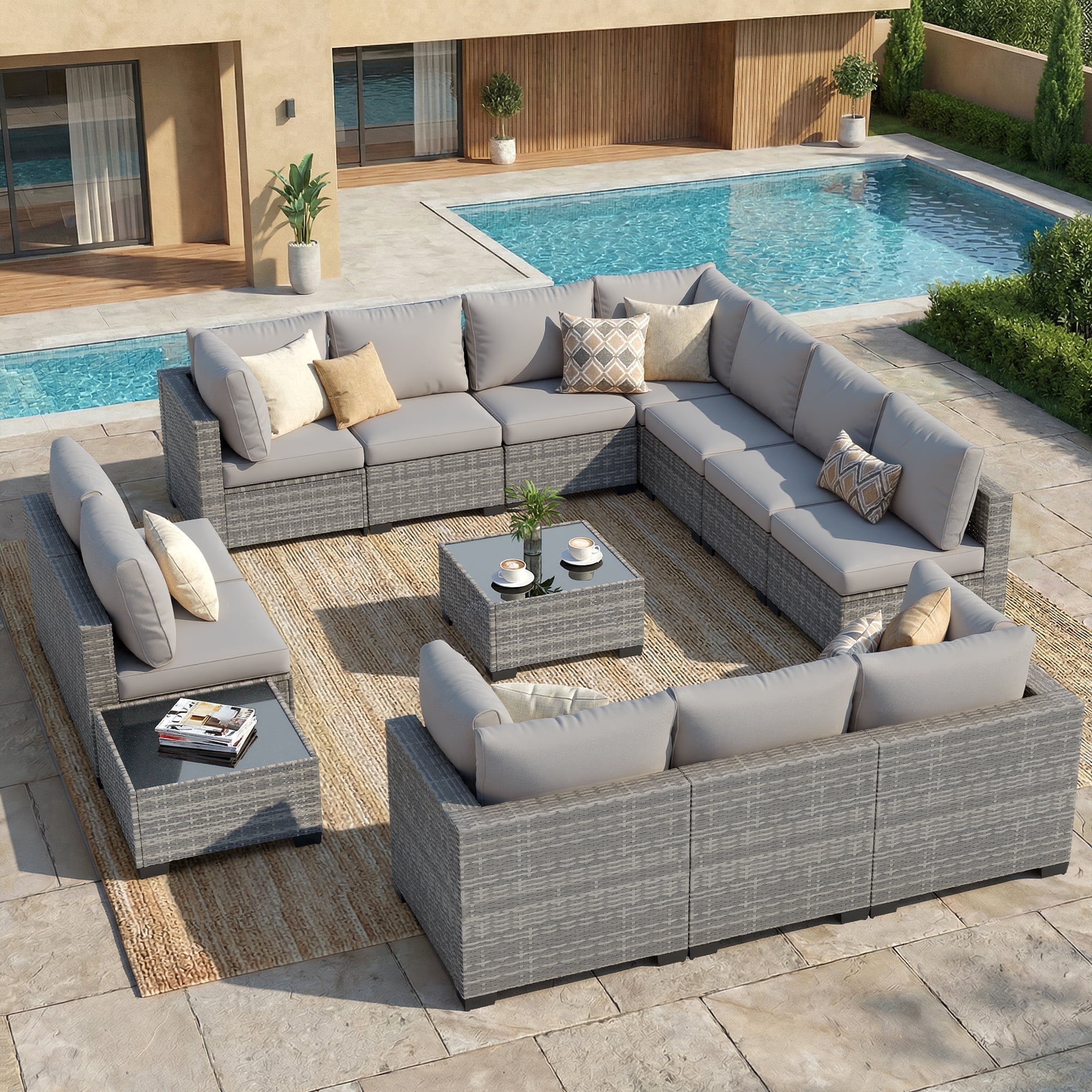 FHFO 14-Piece Patio Furniture Set, Wicker Outdoor Conversation Sectional Sofa with 2 Coffee Tables, for Backyard, Poolside & Garden, Light Gray