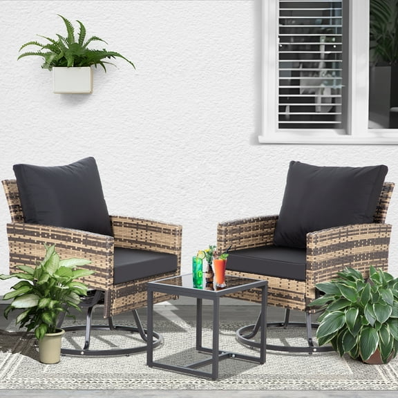 FHFO 3 PCS Swivel Outdoor Wicker Patio Chairs Set of 2,with 4-Inch Thick Cushions and Glass Side Table for Porch,Poolside, Deck, and Yard, Brown Rattan/Black Cushions