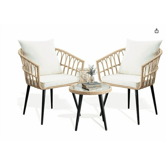 FHFO 3 Piece Patio Bistro Set, Outdoor Wicker Apartment Balcony Furniture Sets, Rattan Table and Chairs Set of 2 for Porch Backyard Lawn Poolside Deck, Beige