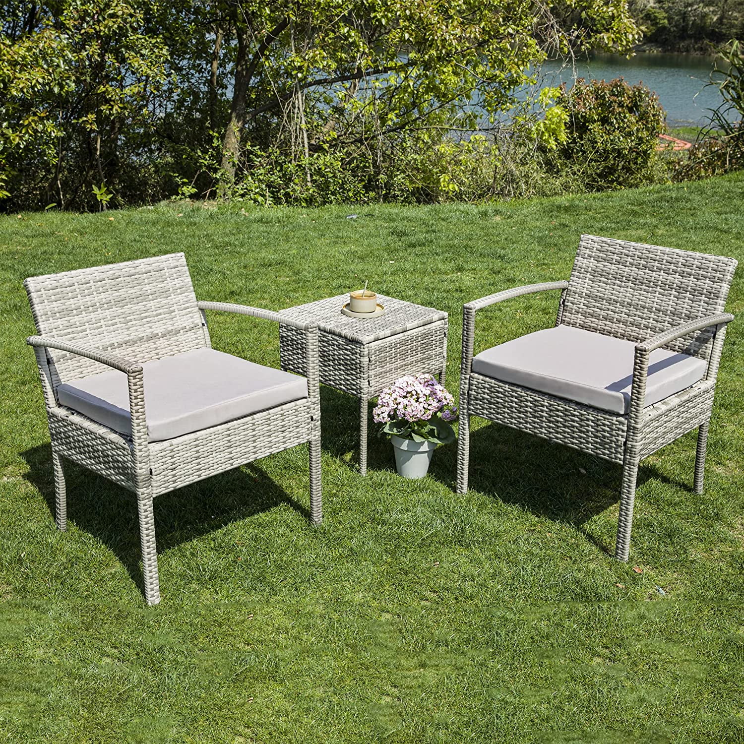 FHFO 3 Piece Wicker Bistro Set Outdoor Patio Furniture Grey Rattan Grey Cushion Walmart