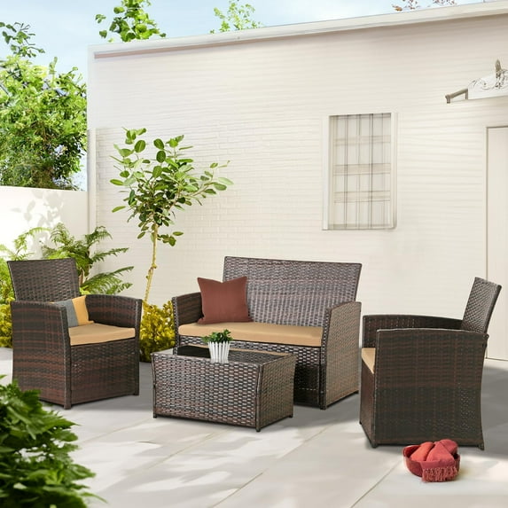 FHFO 4 Piece Patio Furniture Set,Outdoor Wicker Conversation Sets,Rattan Sectional Sofa w/Coffee Table,Seat Cushions for Backyard Porch Garden Poolside - Brown Wicker/Brown Cushions