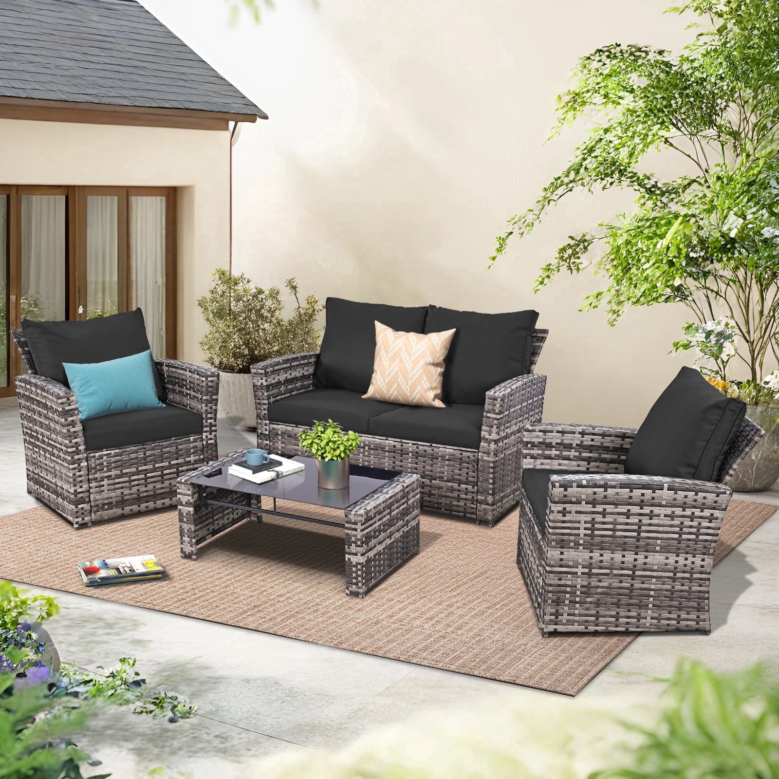 FHFO 4 Piece Patio Furniture Set,Outdoor Wicker Conversation Sets,Rattan Sectional Sofa w/Coffee Table,Seat Cushions for Backyard Porch Garden Poolside - Gray Wicker/Black Cushions