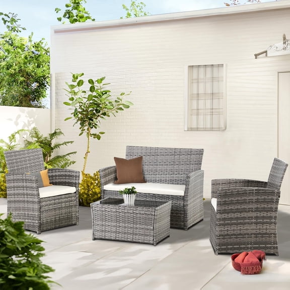 FHFO 4 Piece Patio Furniture Set,Outdoor Wicker Conversation Sets,Rattan Sectional Sofa w/Coffee Table,Seat Cushions for Backyard Porch Garden Poolside - Gray Wicker/Beige Cushions